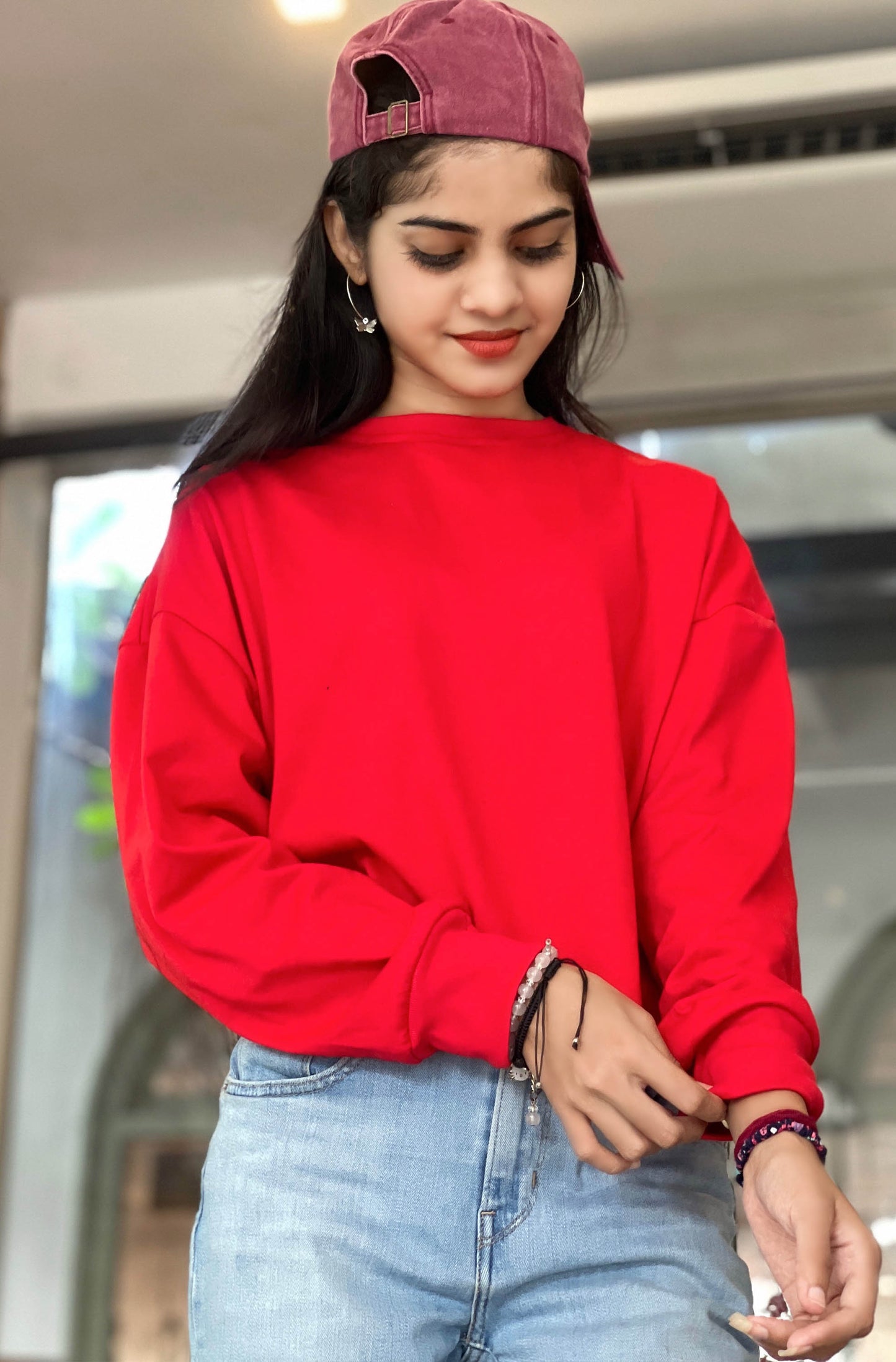 Drop Shoulder Oversized Long Sleeve Red Color Short T Shirt | GM195