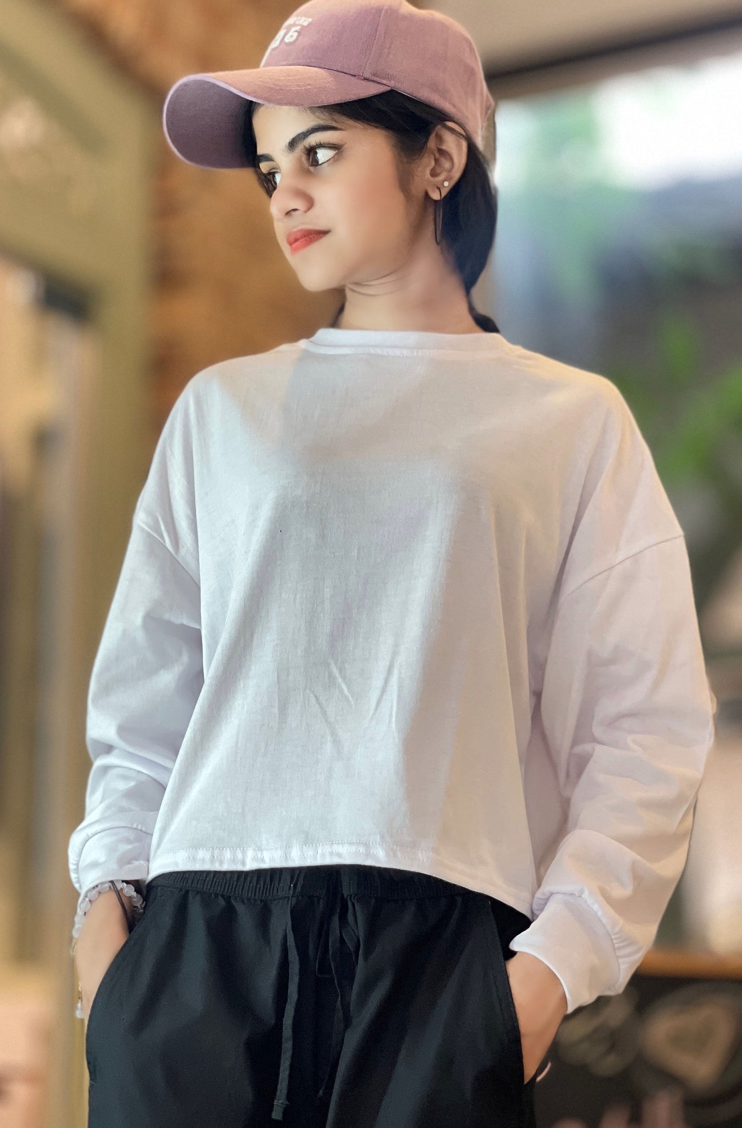 Drop Shoulder Oversized Long Sleeve White Color Short T Shirt | GM196