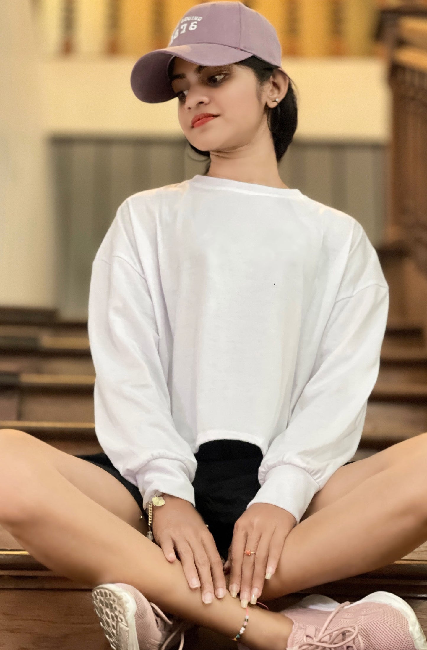 Drop Shoulder Oversized Long Sleeve White Color Short T Shirt | GM196