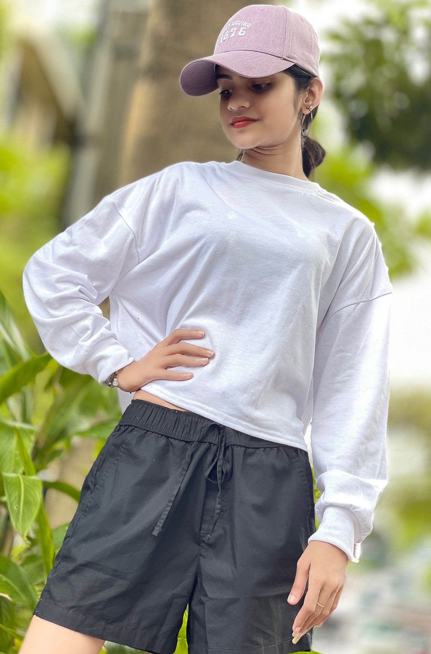 Drop Shoulder Oversized Long Sleeve White Color Short T Shirt | GM196