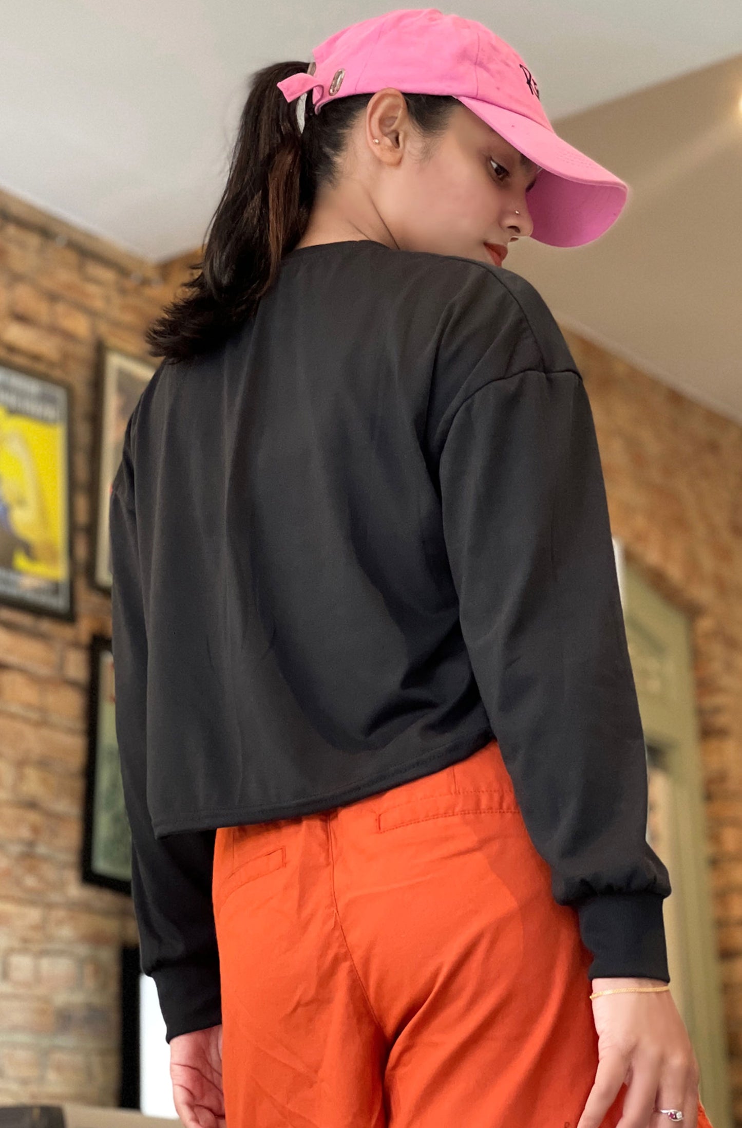 Drop Shoulder Oversized Long Sleeve Black Color Short T Shirt | GM197