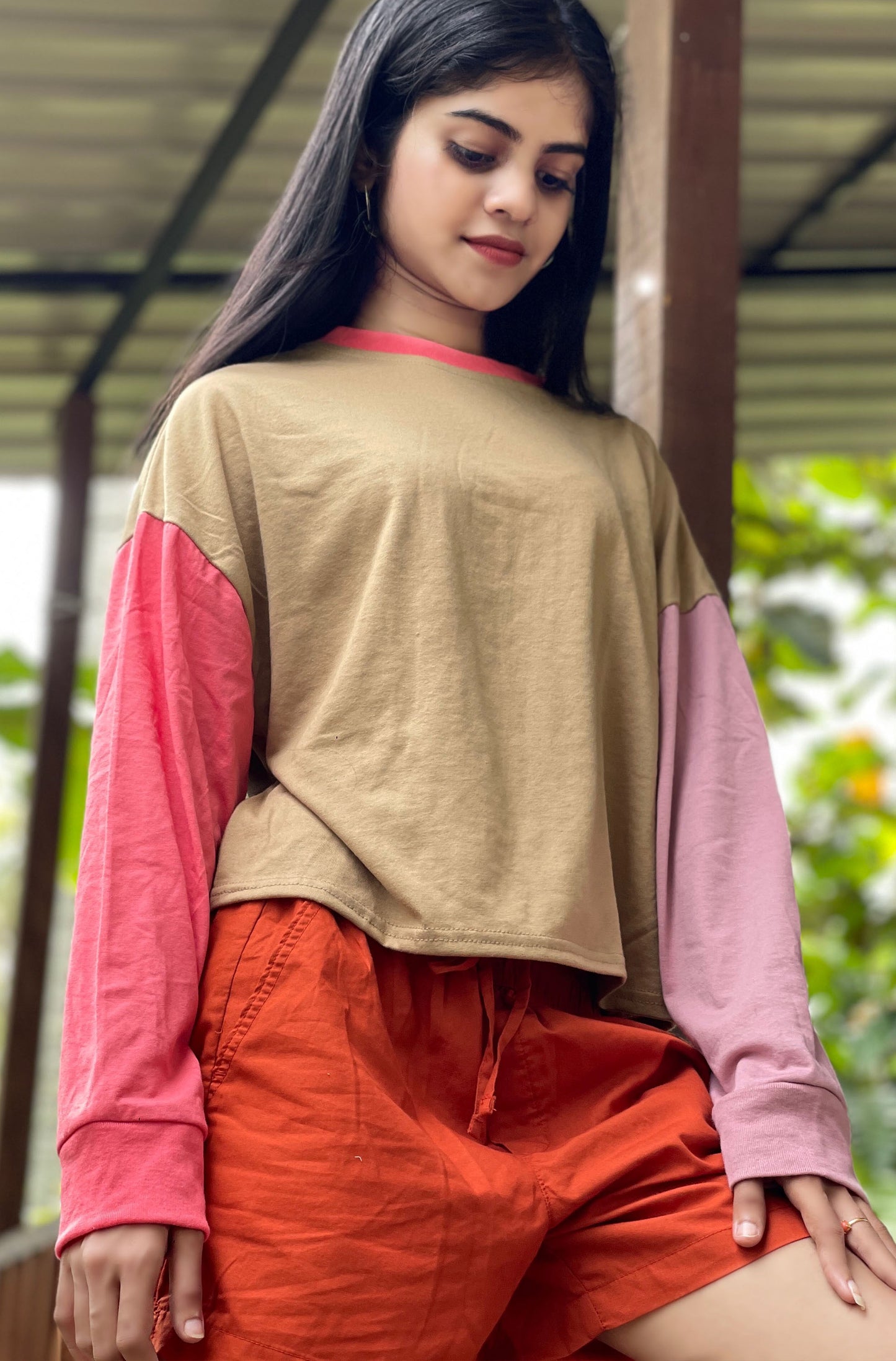 Drop Shoulder Oversized Long Sleeve Multi Color Short T Shirt | GM199