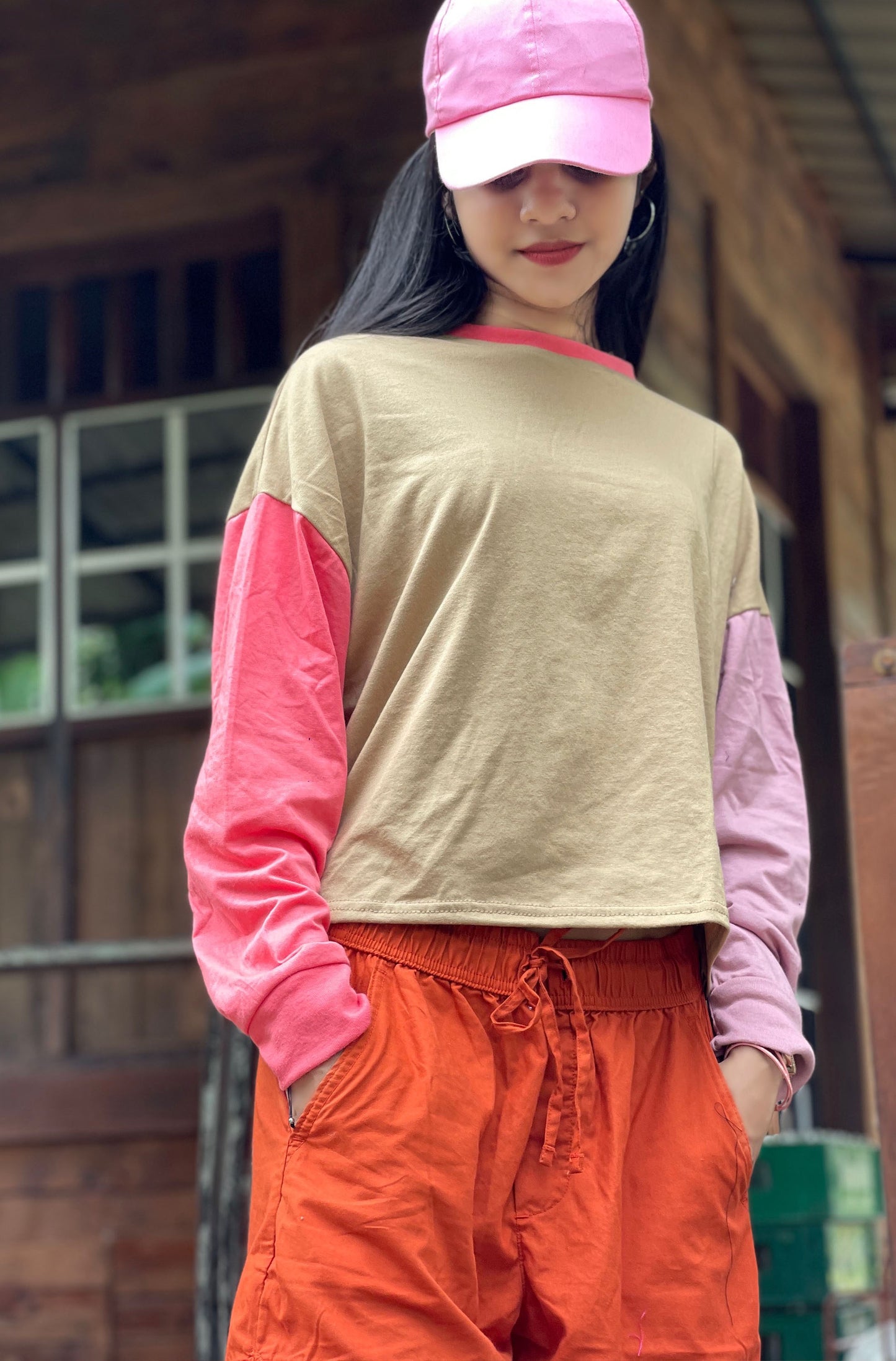 Drop Shoulder Oversized Long Sleeve Multi Color Short T Shirt | GM199