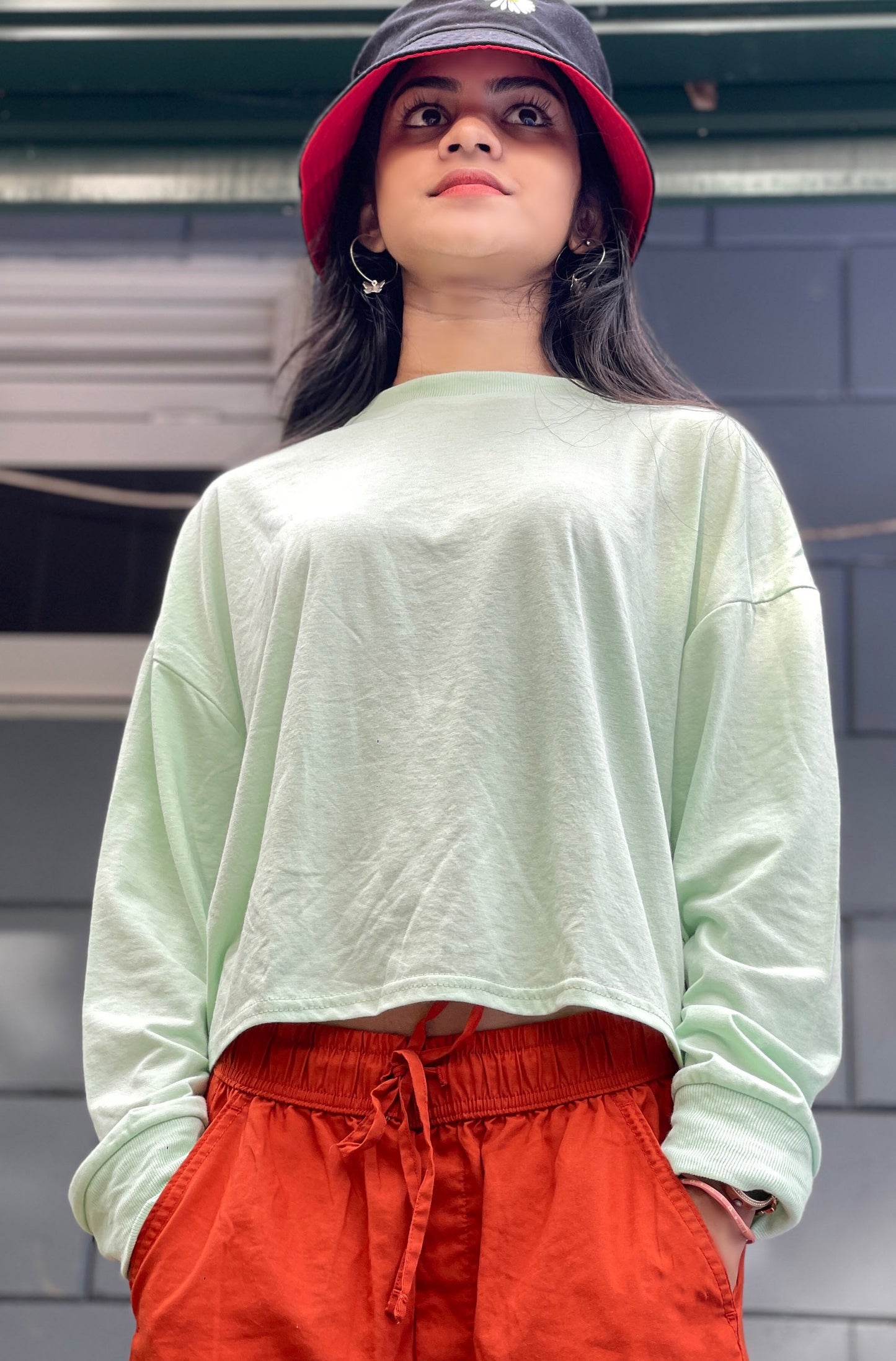 Drop Shoulder Oversized Long Sleeve Apple Green Color Short T Shirt | GM204