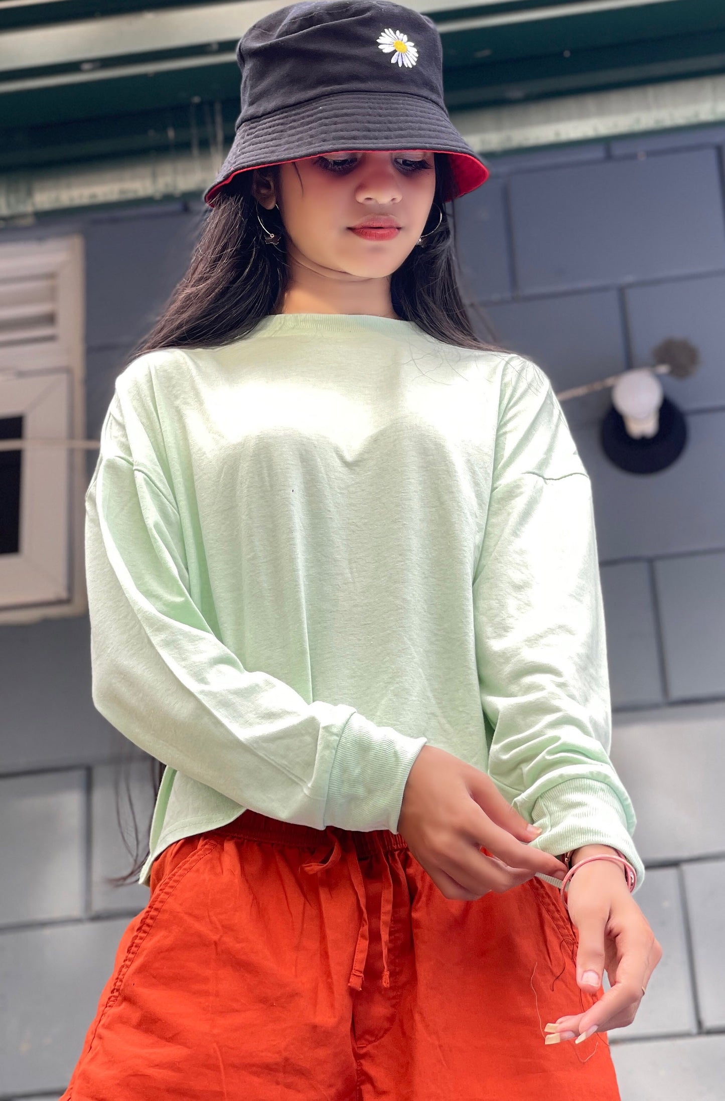 Drop Shoulder Oversized Long Sleeve Apple Green Color Short T Shirt | GM204