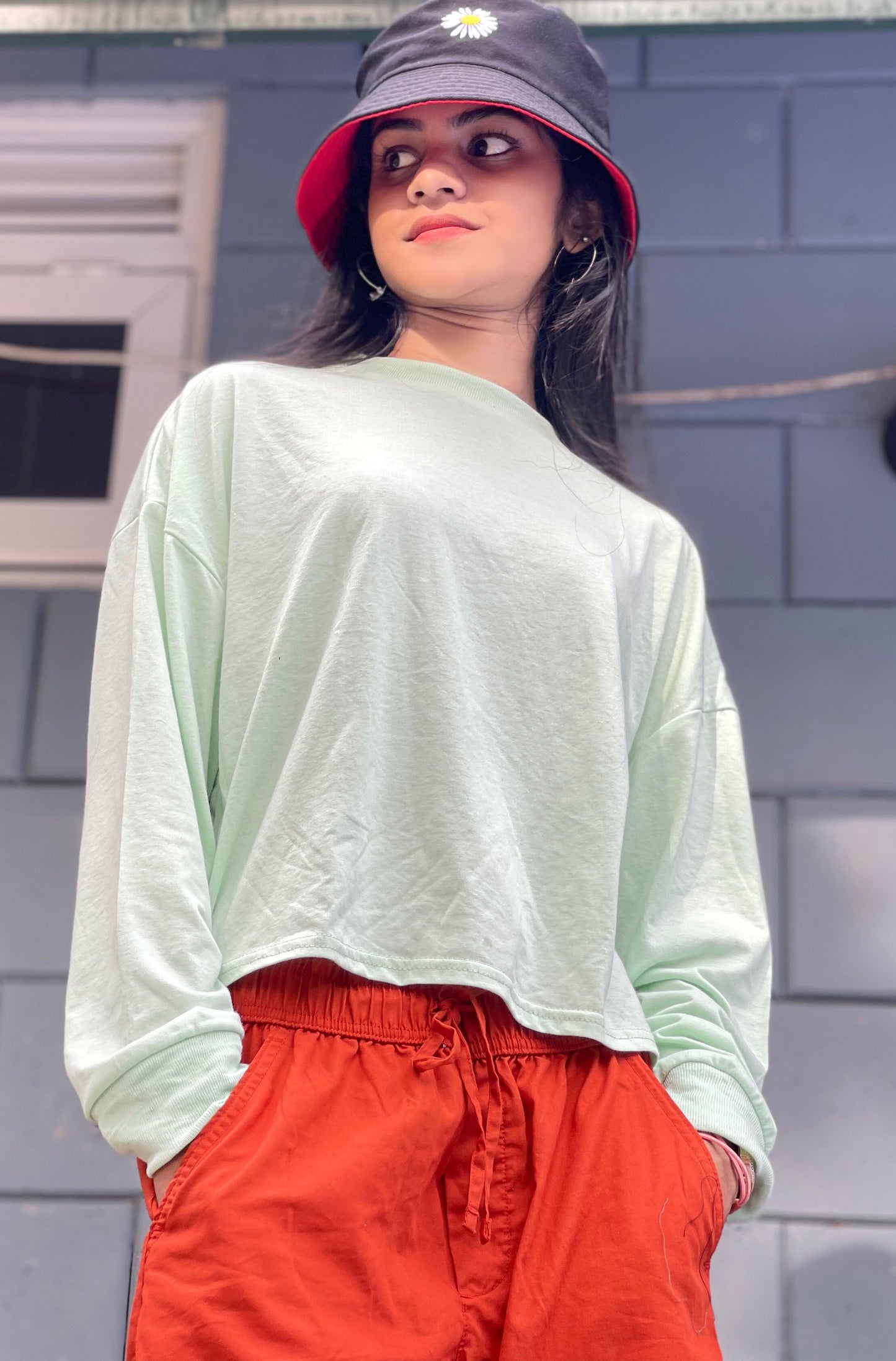 Drop Shoulder Oversized Long Sleeve Apple Green Color Short T Shirt | GM204