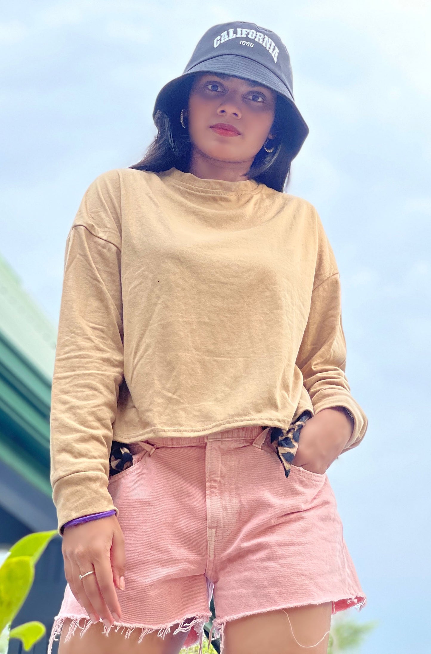 Drop Shoulder Oversized Long Sleeve Beige Color Short T Shirt | GM206