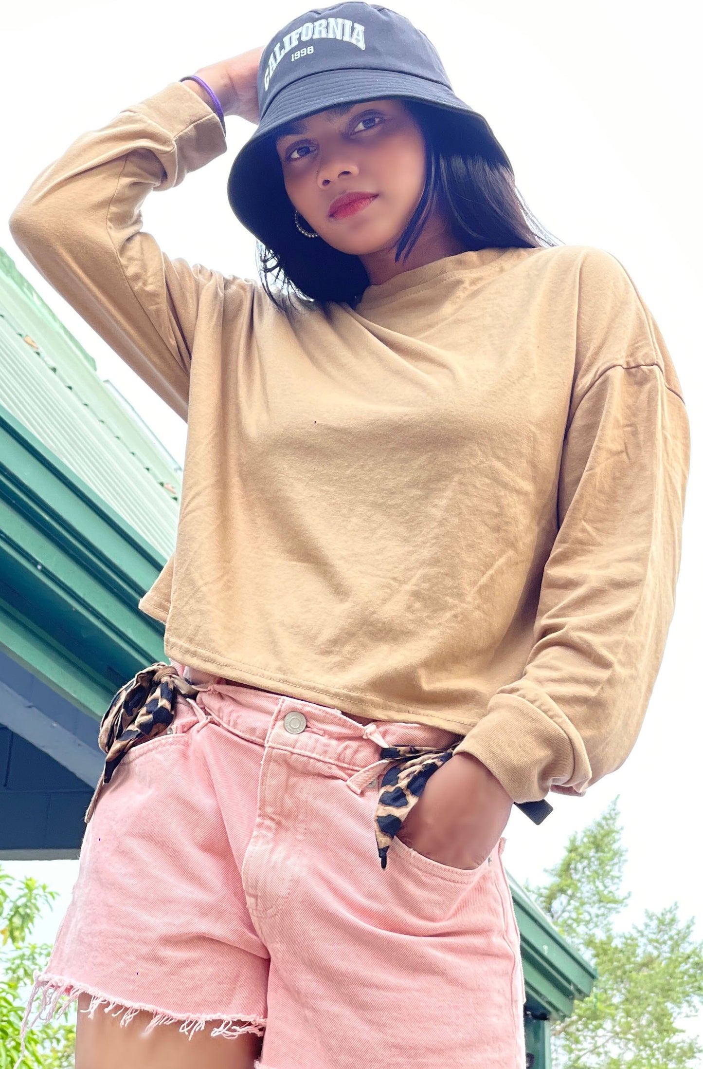 Drop Shoulder Oversized Long Sleeve Beige Color Short T Shirt | GM206