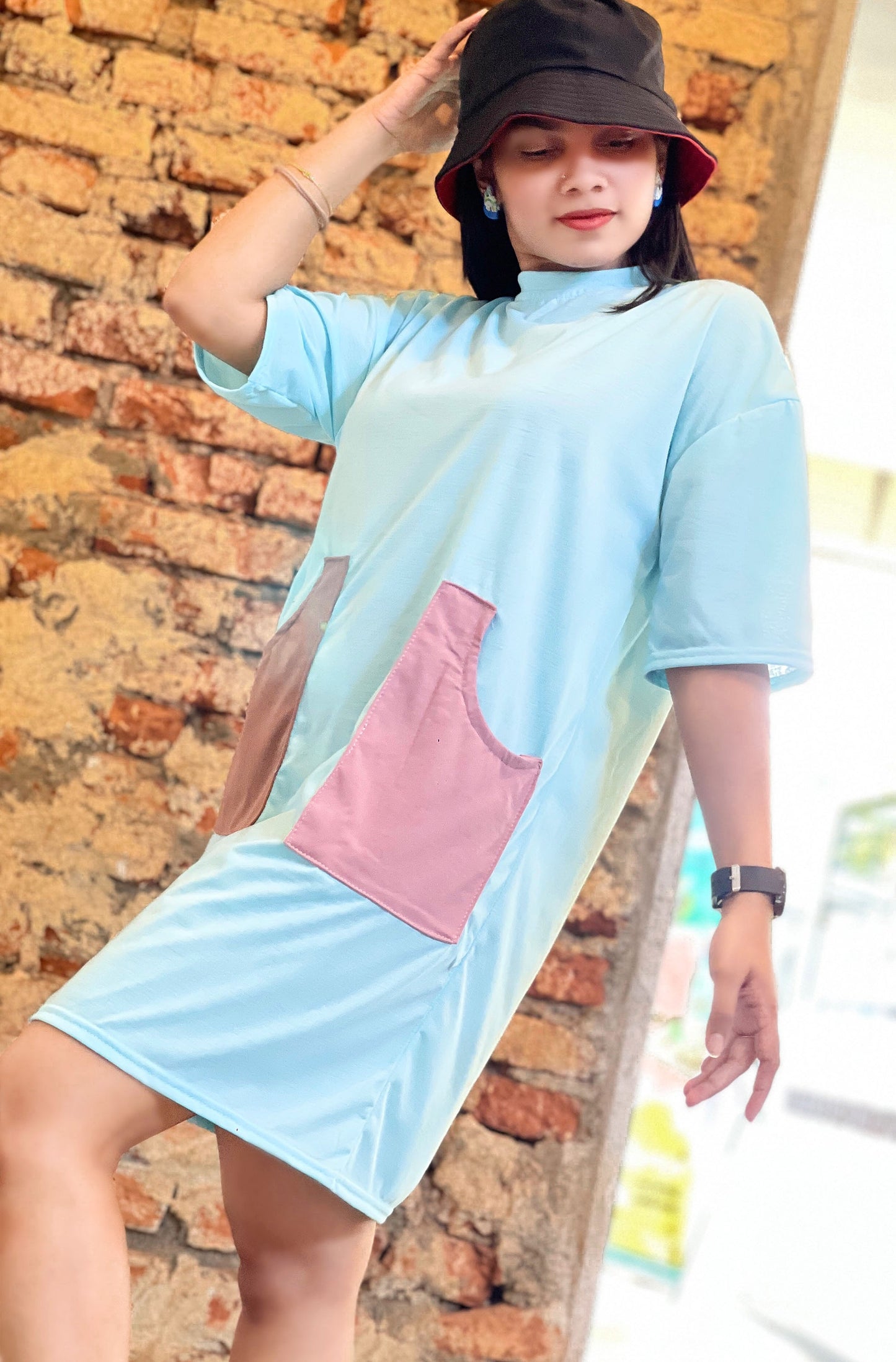 Drop Shoulder Tee Dress Light Blue Color | GM208