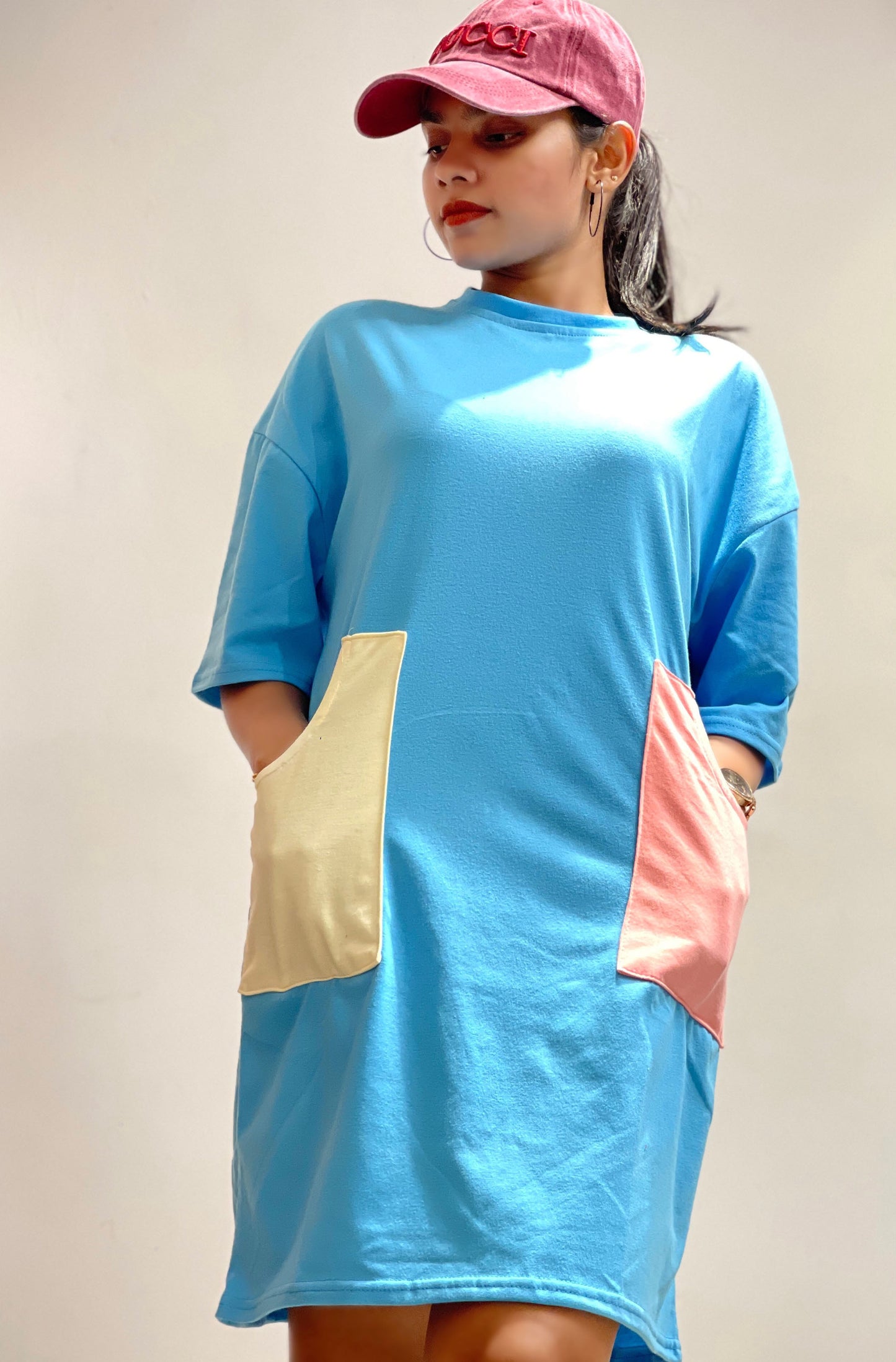 Drop Shoulder Tee Dress Sky Blue Color | GM209