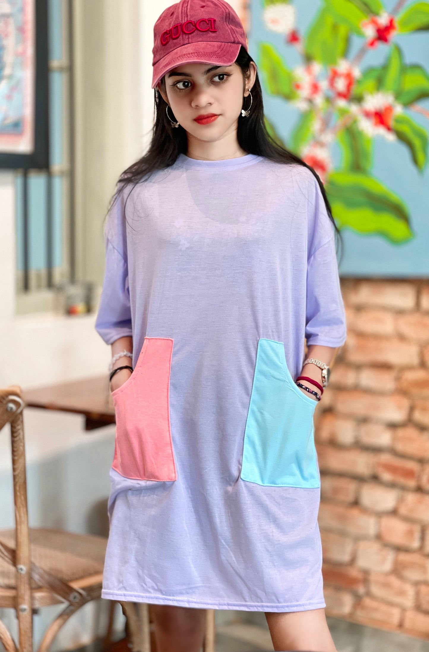 Drop Shoulder Tee Dress Light Purple Color | GM210
