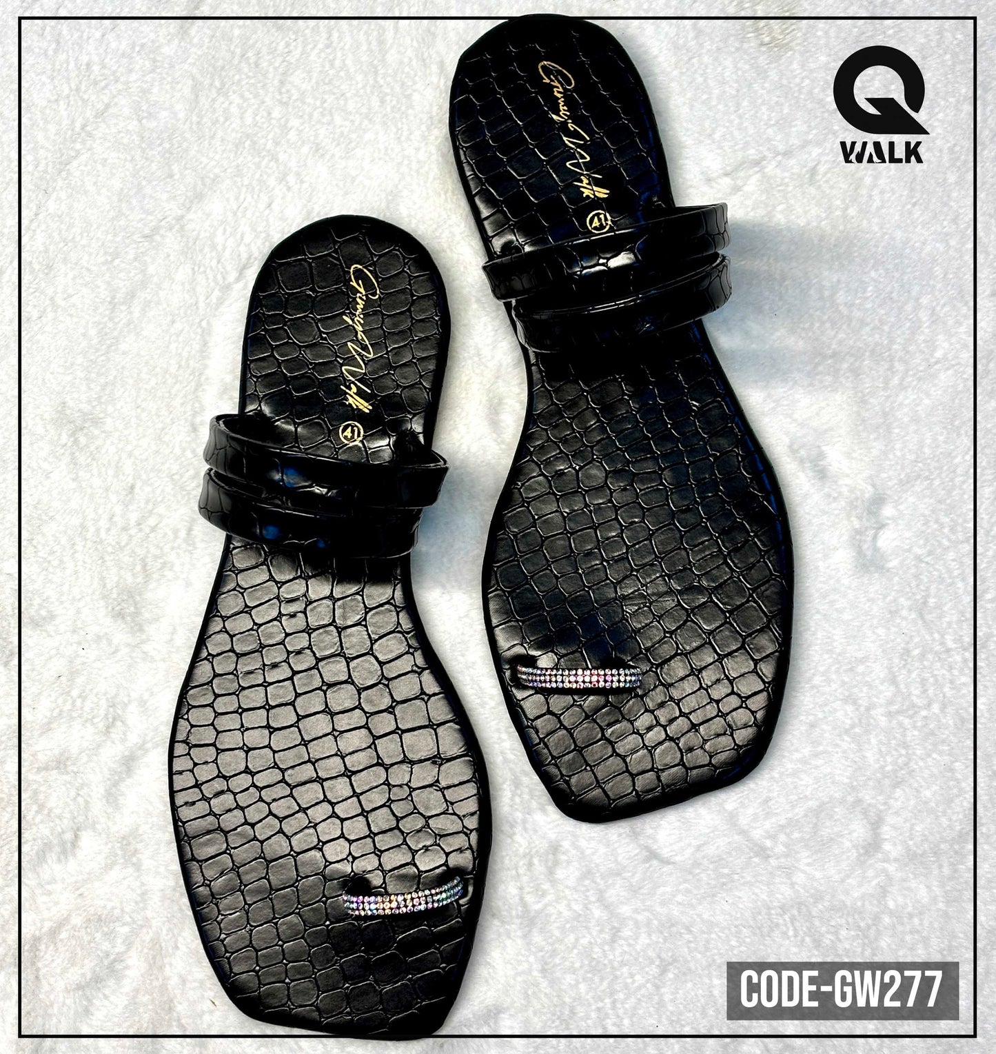 Crocodile Black Color Flat Slipper with Stone Toe | GW277