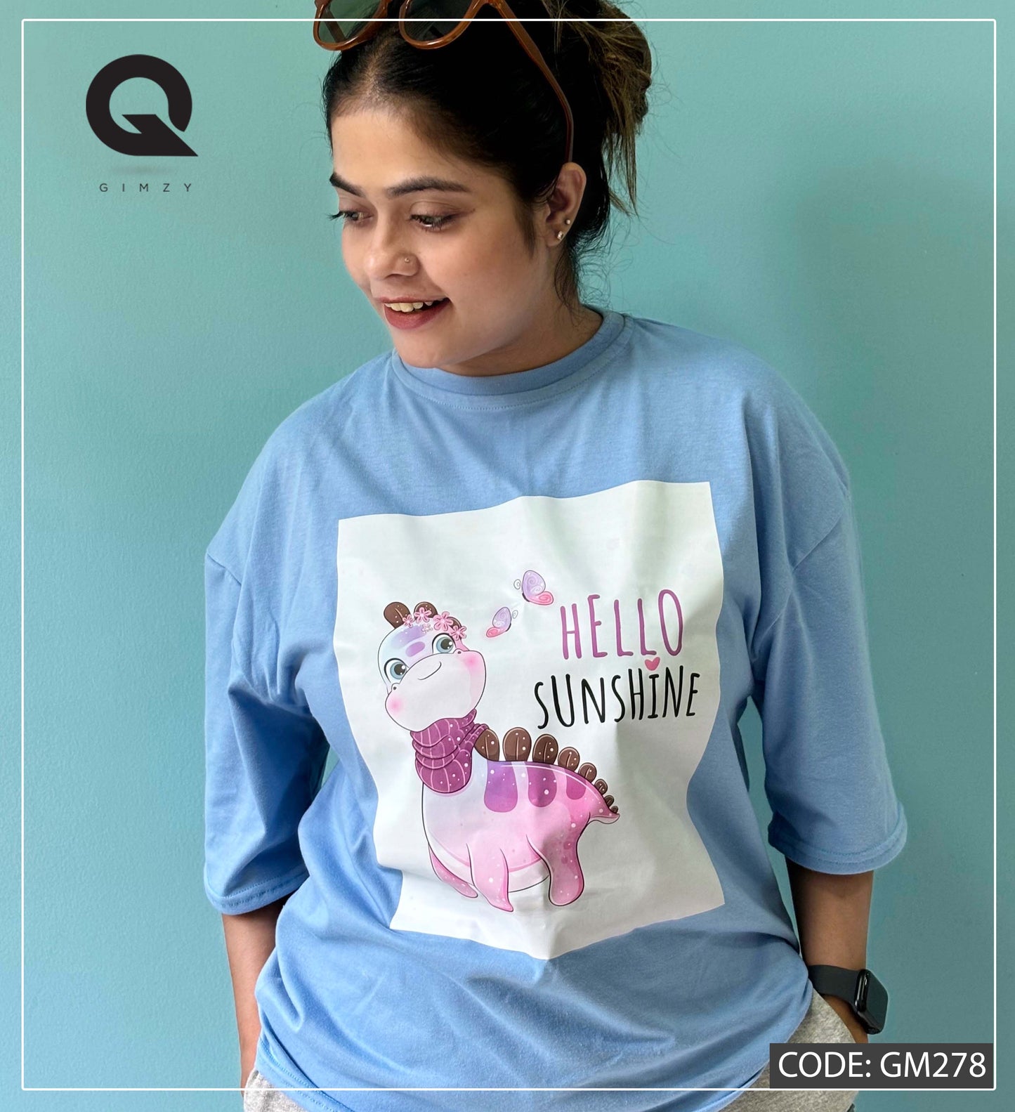 Hello Sunshine Sky Blue Color Drop Shoulder Tee | GM278