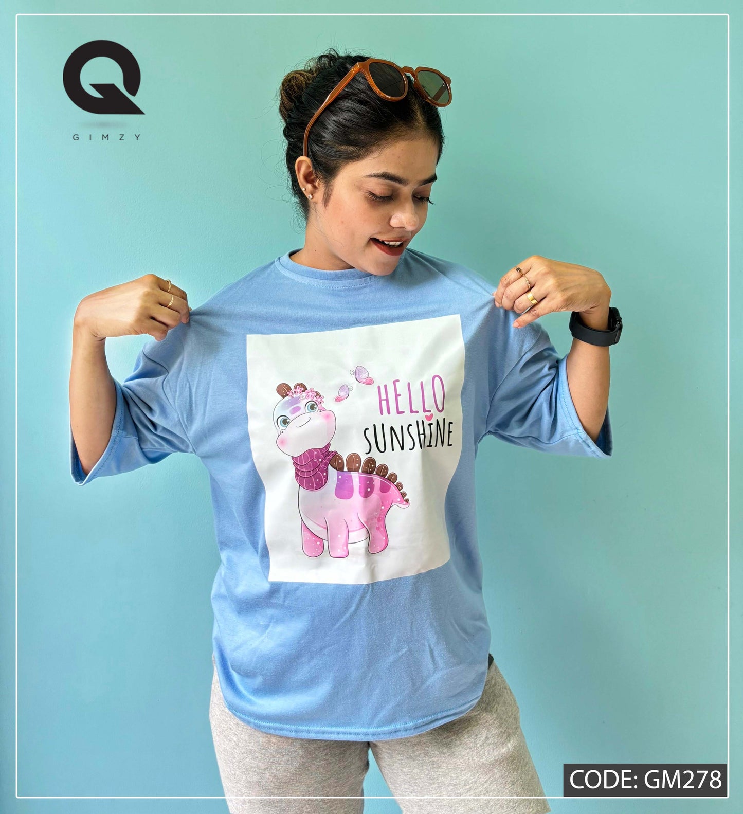 Hello Sunshine Sky Blue Color Drop Shoulder Tee | GM278