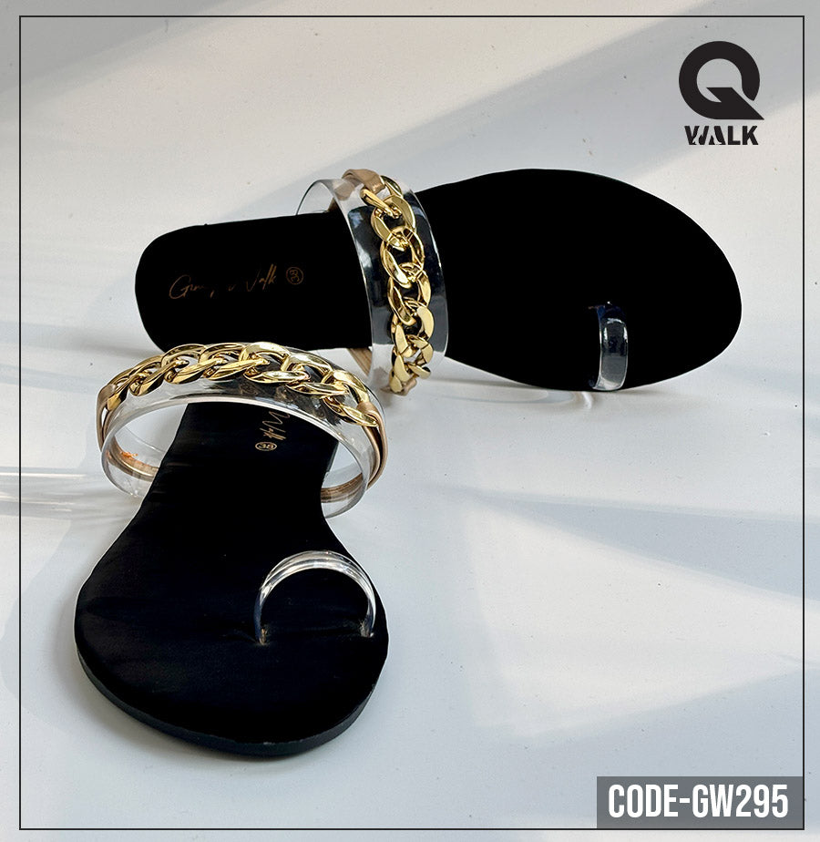 Black Color Flat Slipper with Transparent Straps & Gold Chain | GW295