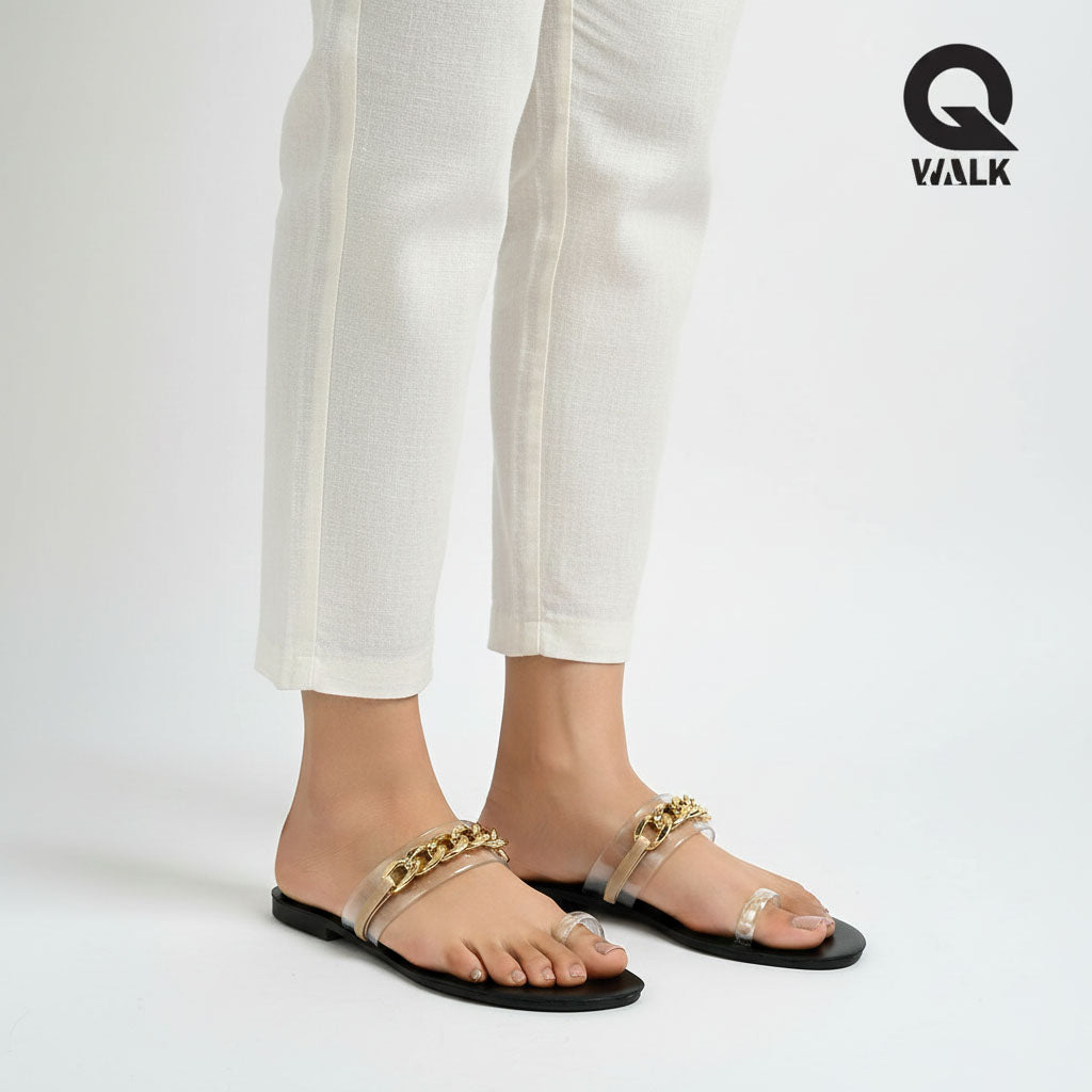 Black Color Flat Slipper with Transparent Straps & Gold Chain | GW295