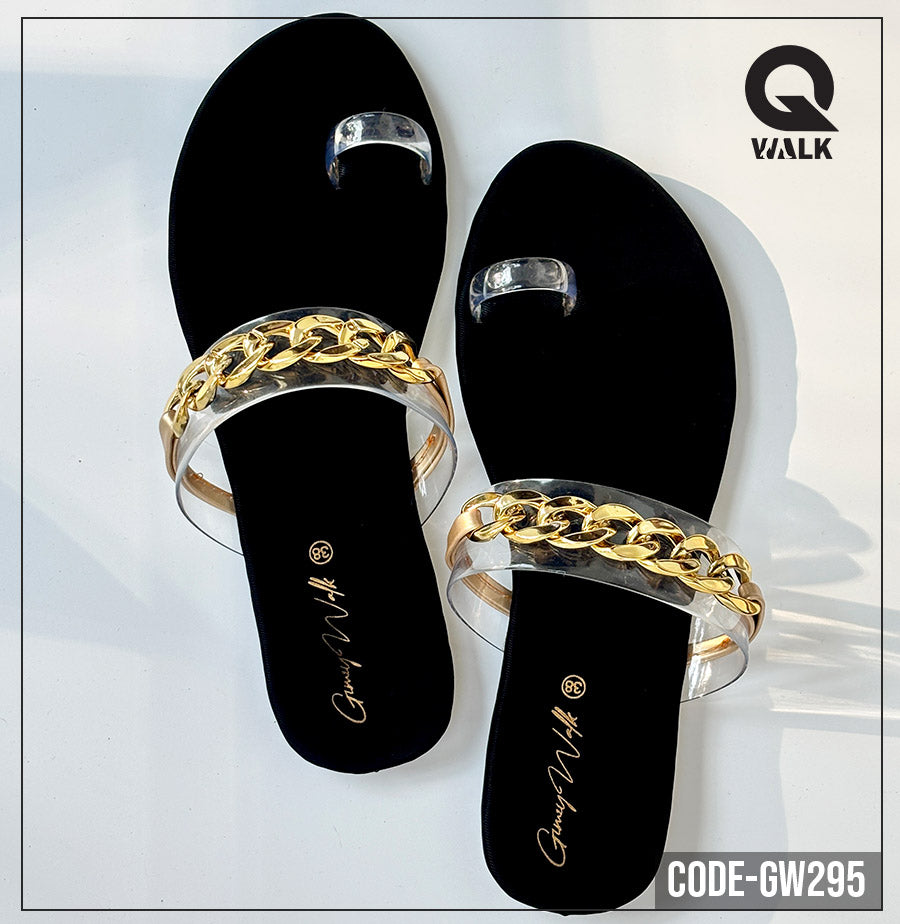 Black Color Flat Slipper with Transparent Straps & Gold Chain | GW295
