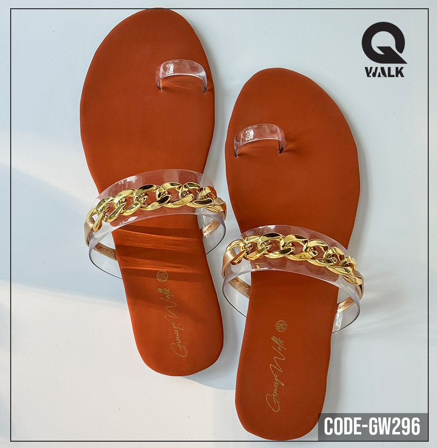 Brown Color Flat Slipper with Transparent Straps & Gold Chain | GW296