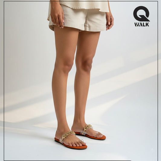 Brown Color Flat Slipper with Transparent Straps & Gold Chain | GW296