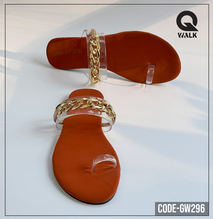 Brown Color Flat Slipper with Transparent Straps & Gold Chain | GW296