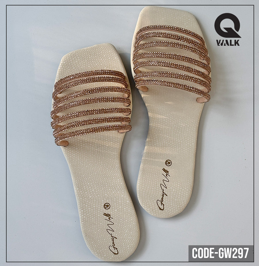 White Color Flat Slipper with Rose Gold Stone Straps| GW297