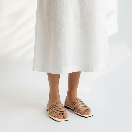 White Color Flat Slipper with Rose Gold Stone Straps| GW297
