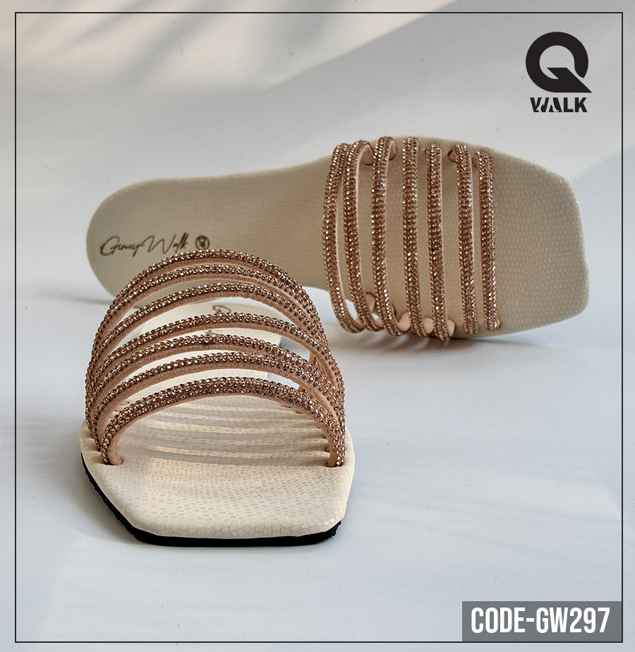 White Color Flat Slipper with Rose Gold Stone Straps| GW297