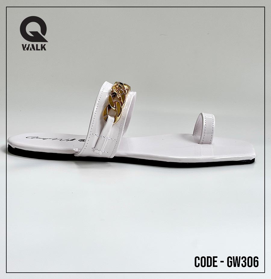 White Color Flat Slipper with Gold Chain Strap| GW306