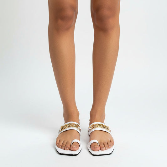 White Color Flat Slipper with Gold Chain Strap| GW306