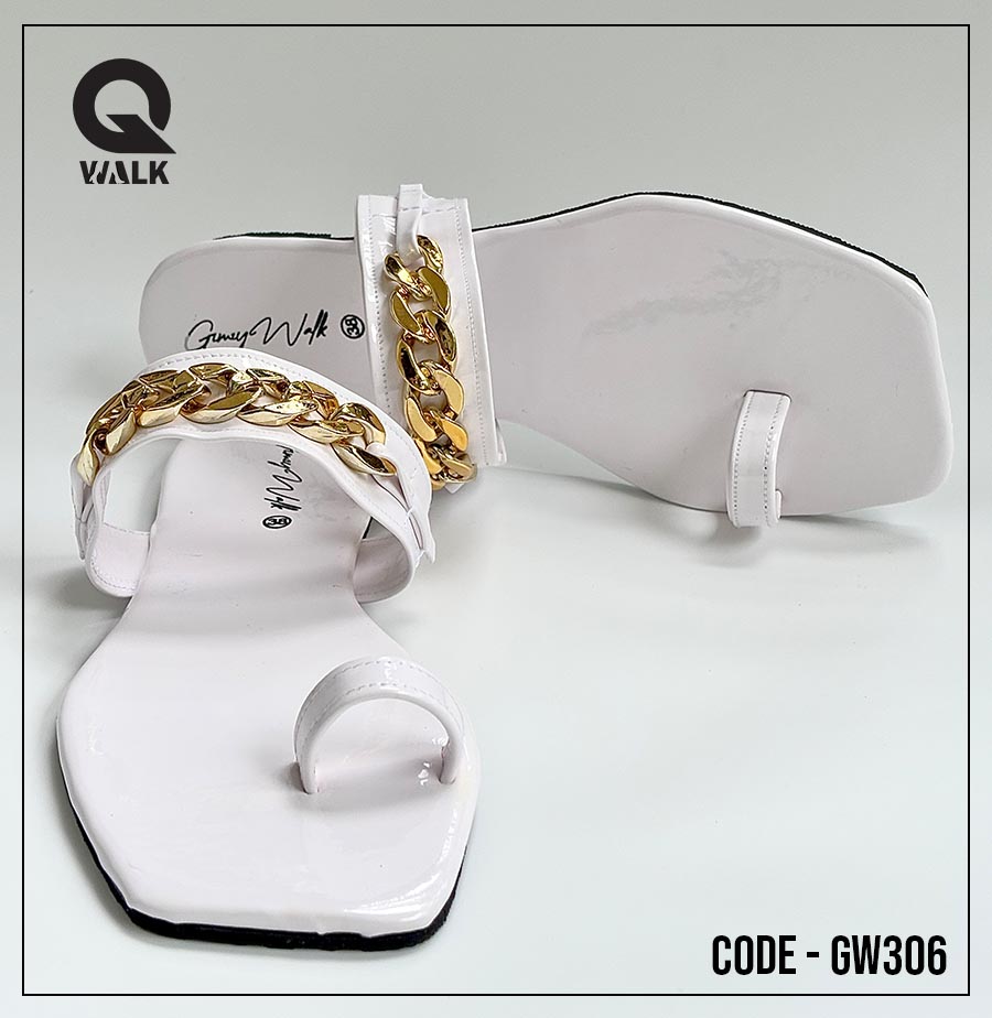 White Color Flat Slipper with Gold Chain Strap| GW306