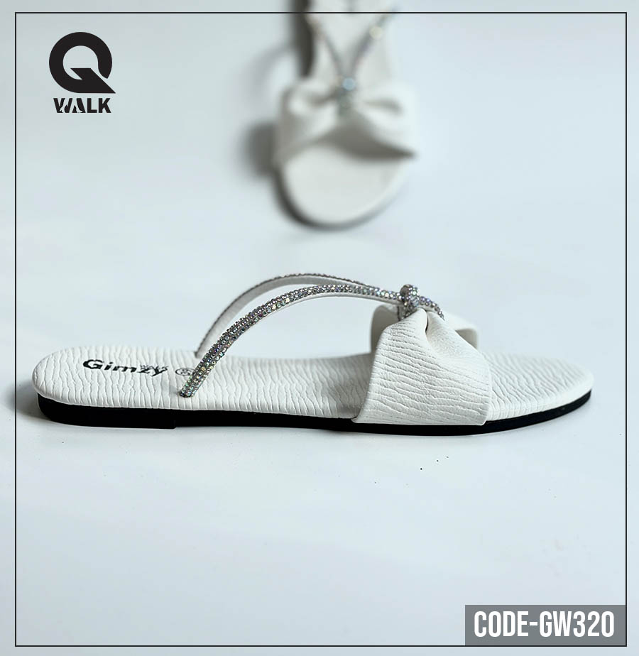 White Color Slipper with Bow & Stone Straps | GW320