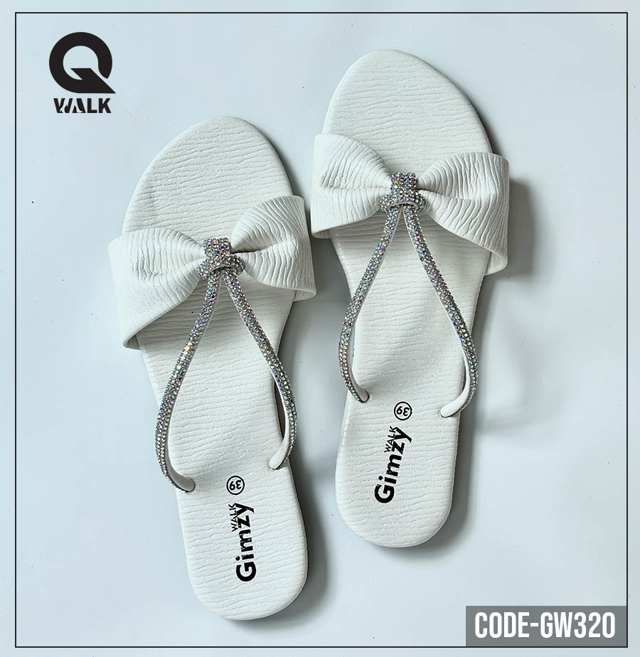 White Color Slipper with Bow & Stone Straps | GW320