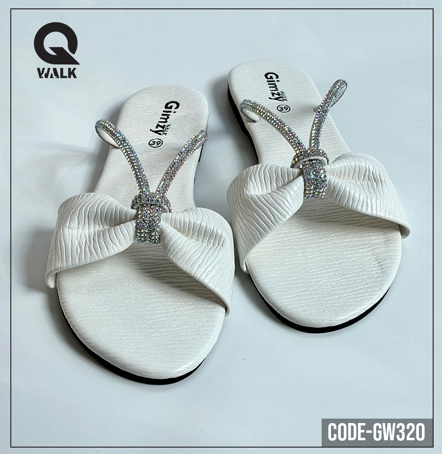 White Color Slipper with Bow & Stone Straps | GW320