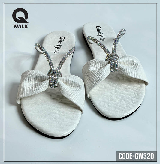 White Color Slipper with Bow & Stone Straps | GW320