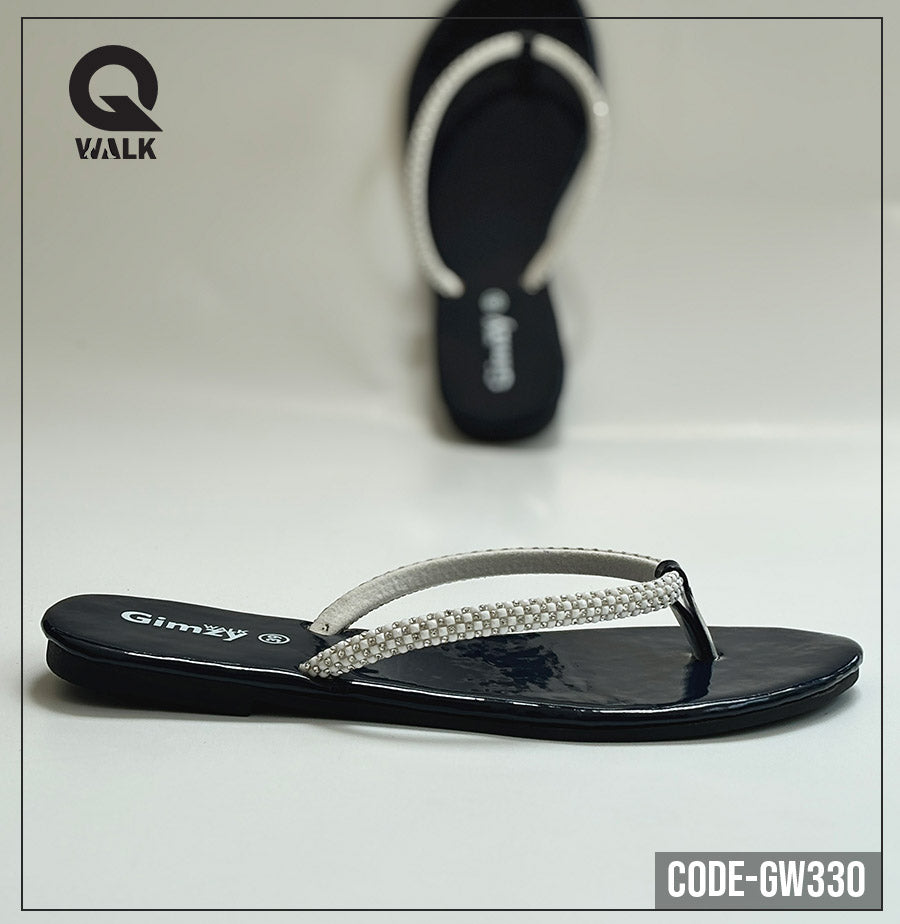 Black Color Slipper with Stone Strap Flats | GW330