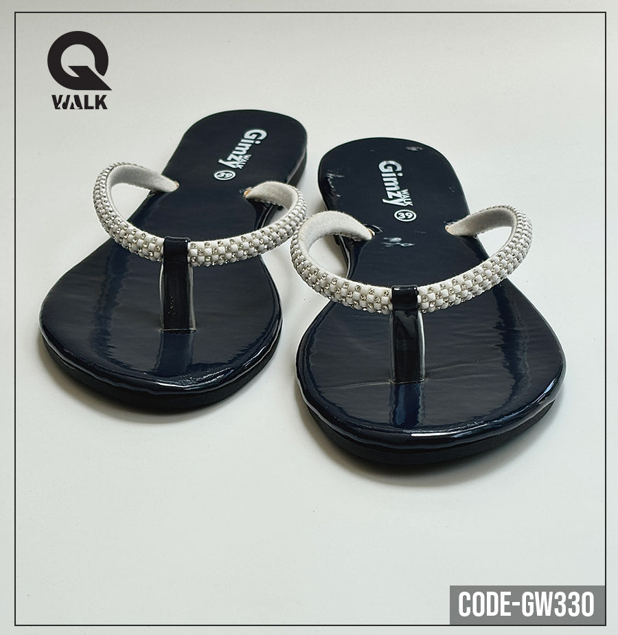 Black Color Slipper with Stone Strap Flats | GW330
