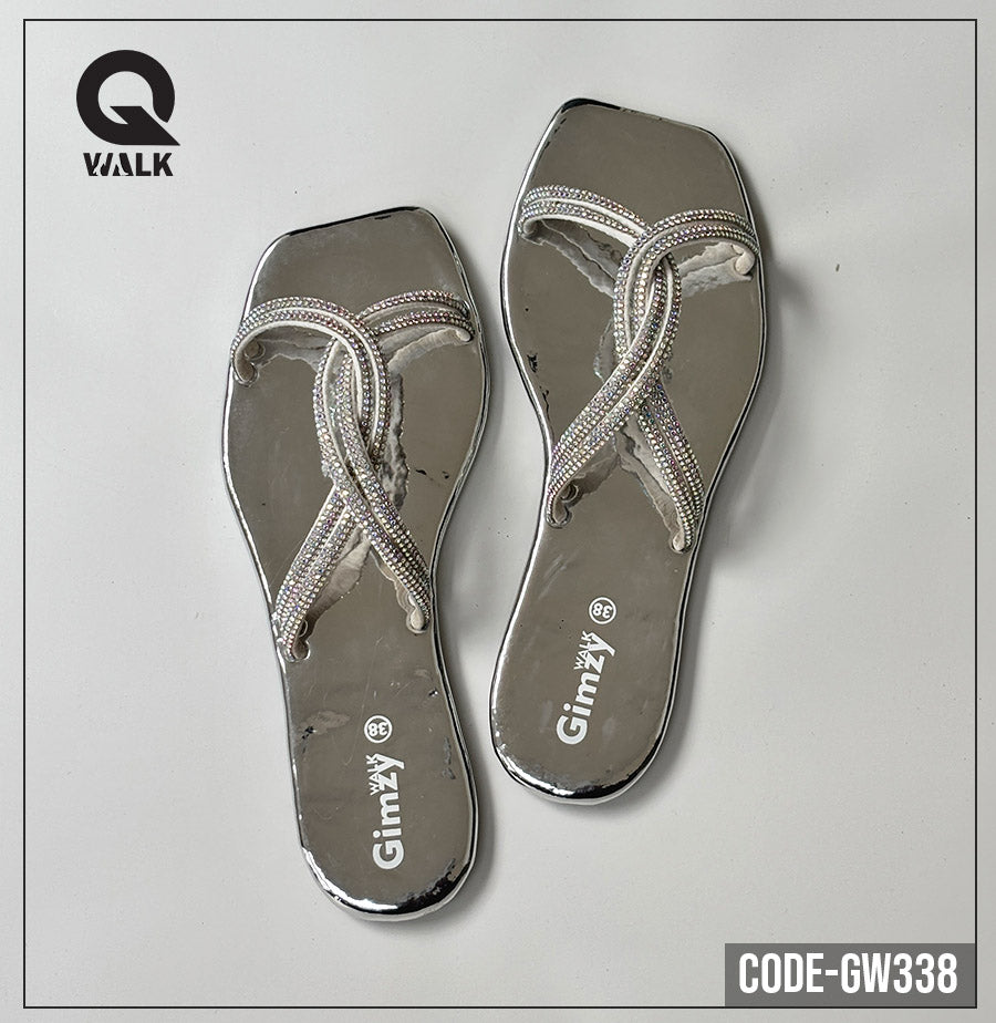 SIlver Color Slipper with Stones Strap Flats | GW338