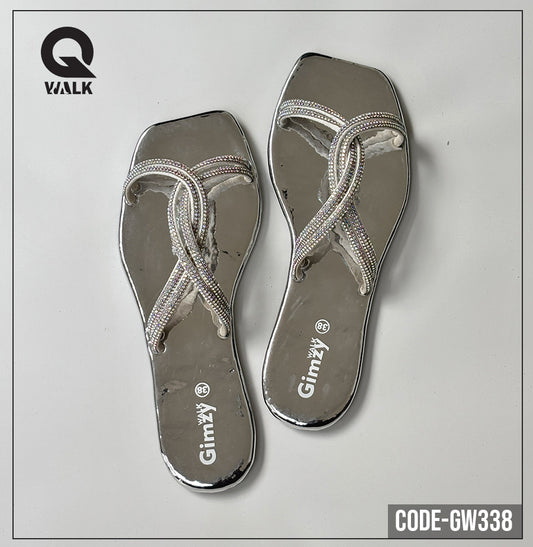 SIlver Color Slipper with Stones Strap Flats | GW338
