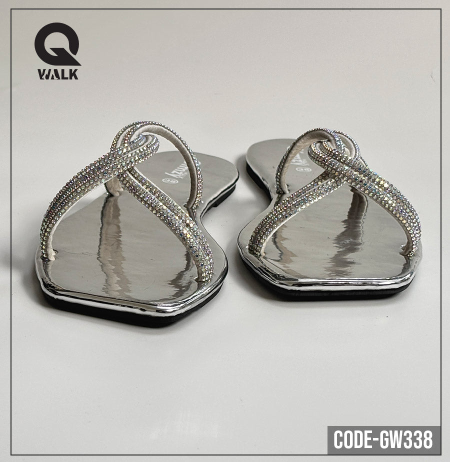 SIlver Color Slipper with Stones Strap Flats | GW338