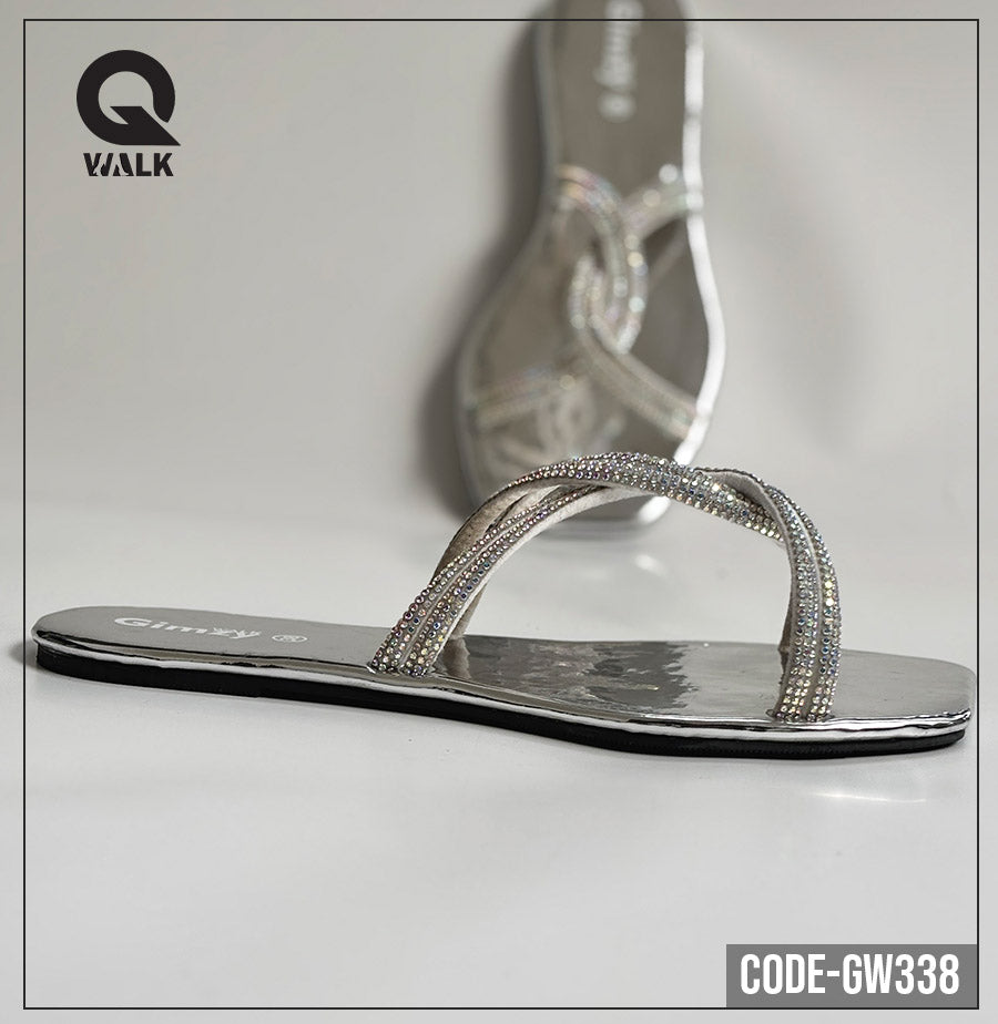 SIlver Color Slipper with Stones Strap Flats | GW338