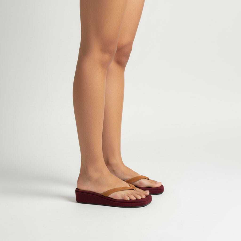 Maroon Color Velvet Wedges with Mustard Straps | GW340