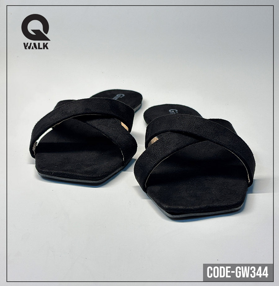 Black Color Slipper with Cross Strap Flats | GW344