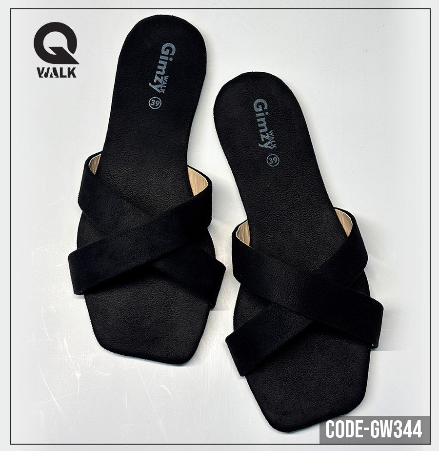 Black Color Slipper with Cross Strap Flats | GW344