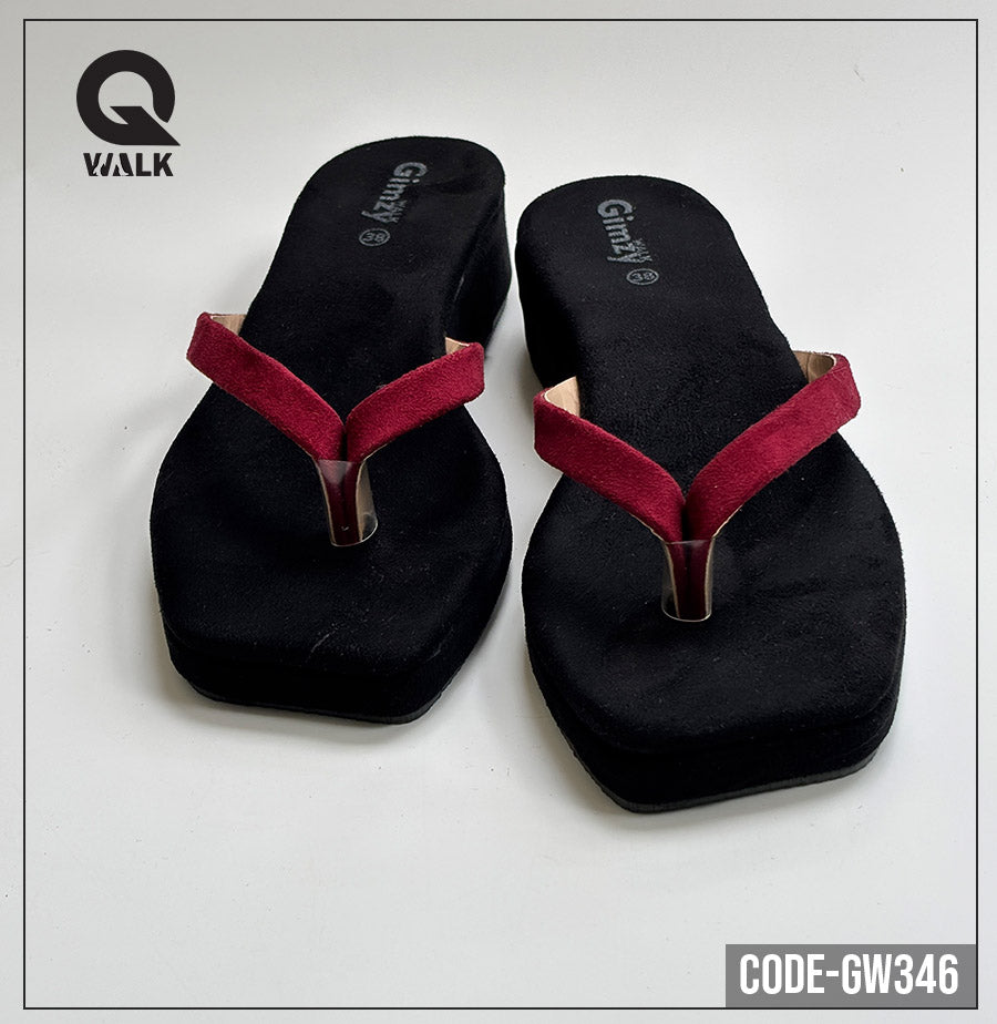 Black Color Velvet Wedges with Maroon Straps | GW346
