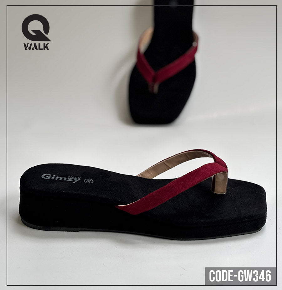 Black Color Velvet Wedges with Maroon Straps | GW346