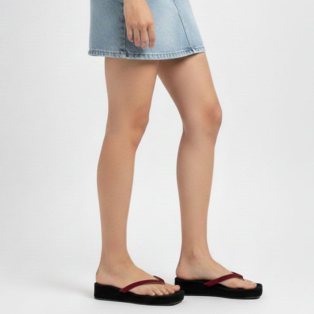 Black Color Velvet Wedges with Maroon Straps | GW346