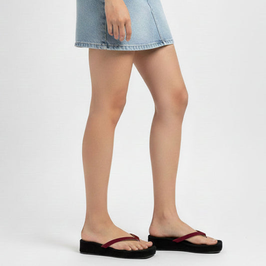 Black Color Velvet Wedges with Maroon Straps | GW346