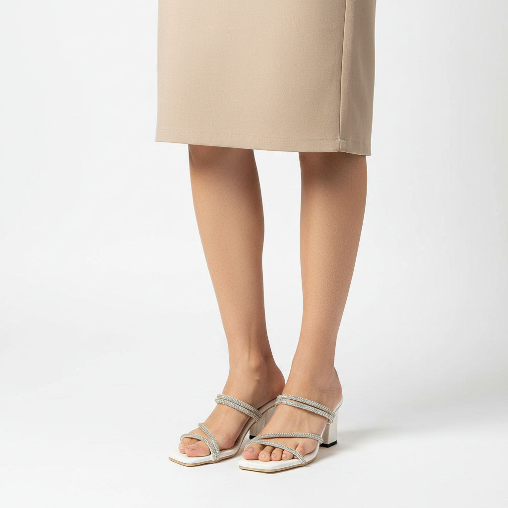 White Color 2.5 Inch Cover heel with Stone Straps | GW371