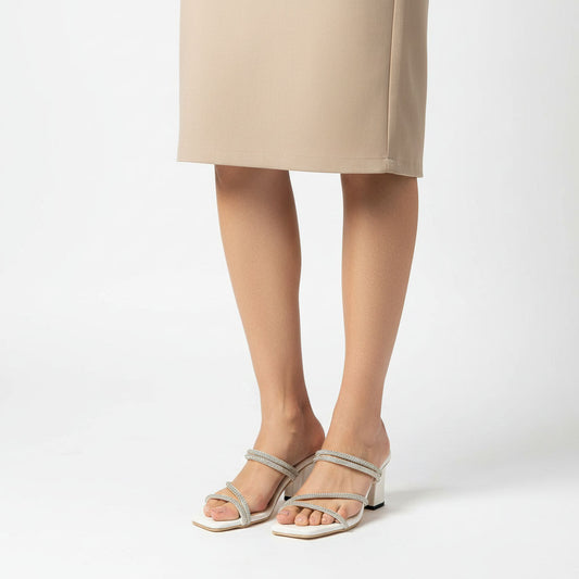 White Color 2.5 Inch Cover heel with Stone Straps | GW371