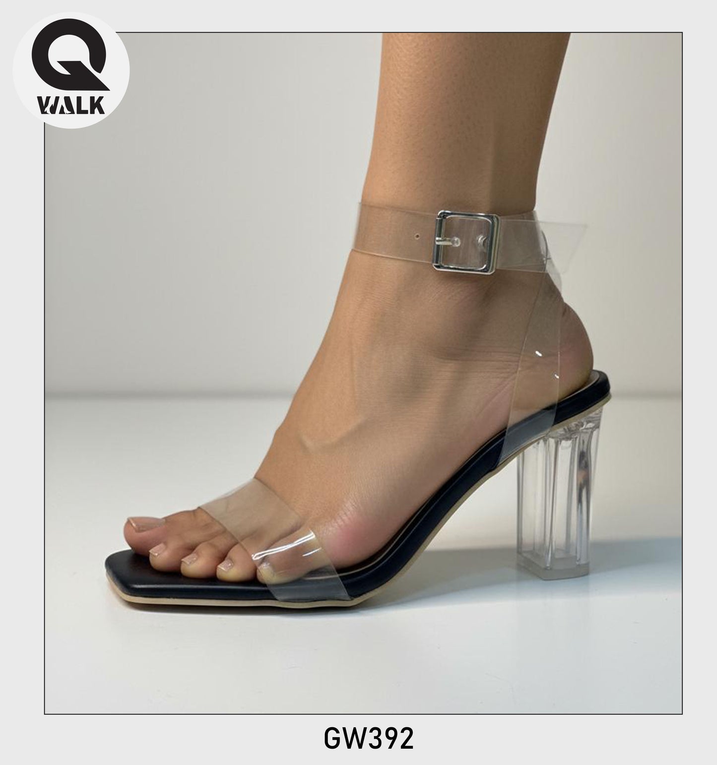 Black Color 3 Inch Glass heel With Transparent Straps | GW392